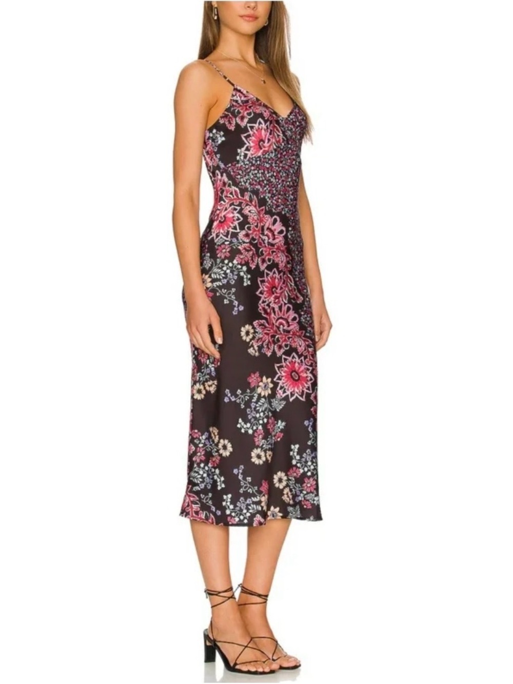 Free People Black Slip Midi Dress with Pink Floral Print